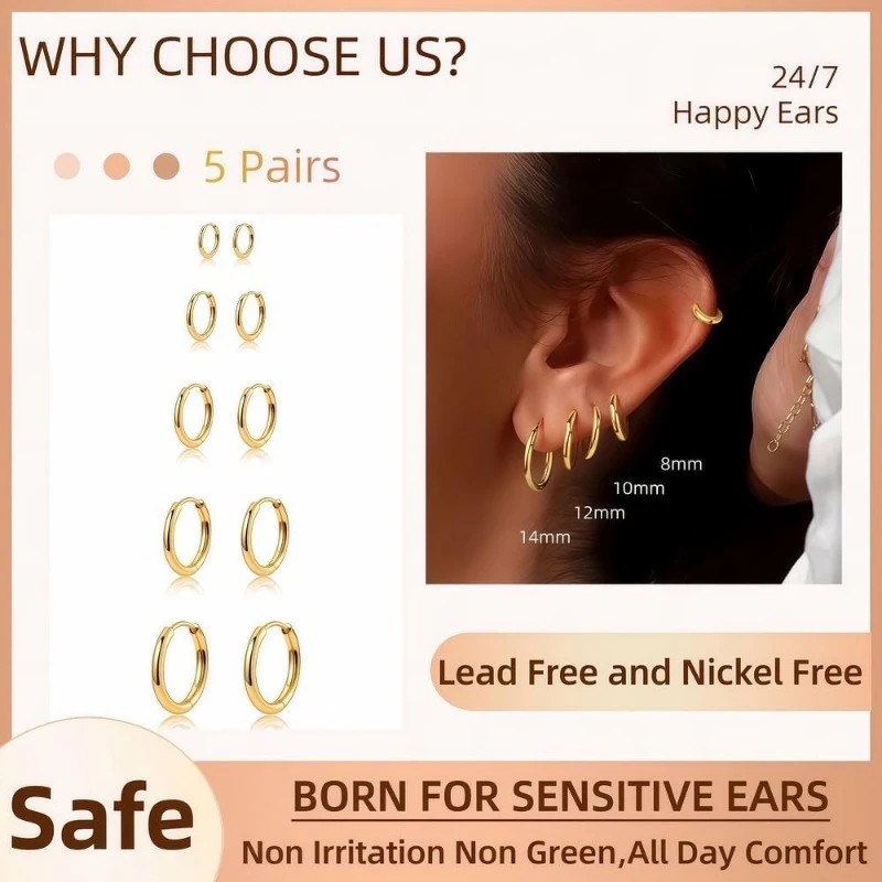 5 Pairs 14K Gold Plated Huggie Hoop Earrings 2