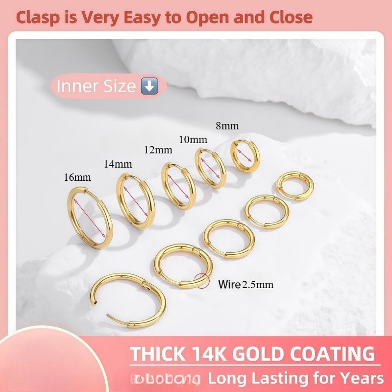 5 Pairs 14K Gold Plated Huggie Hoop Earrings 3