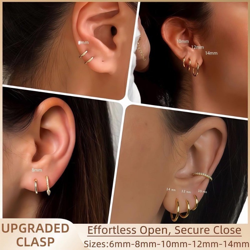 5 Pairs 14K Gold Plated Huggie Hoop Earrings 6
