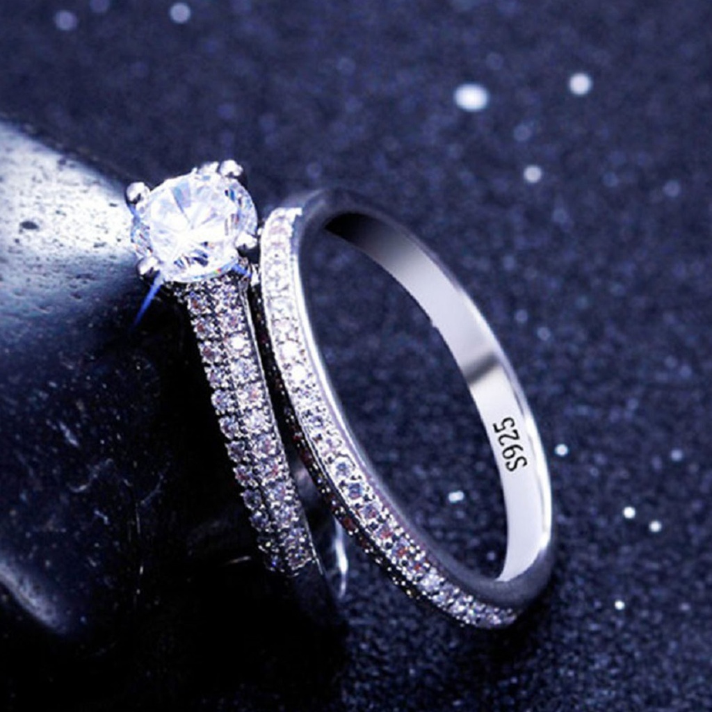 1 pair Vintage Halo 925 Sterling Silver Wedding Ring Set 3