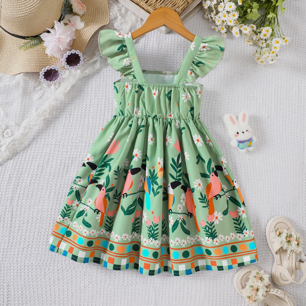 Girls' summer style small fly sleeve plant print dress 2