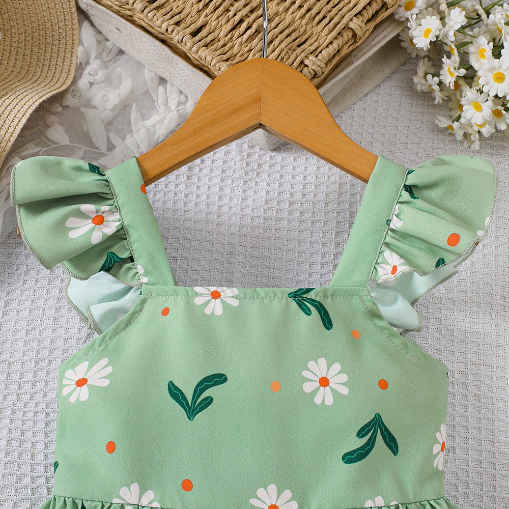 Girls' summer style small fly sleeve plant print dress 3