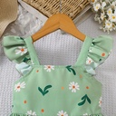 Girls' summer style small fly sleeve plant print dress 3