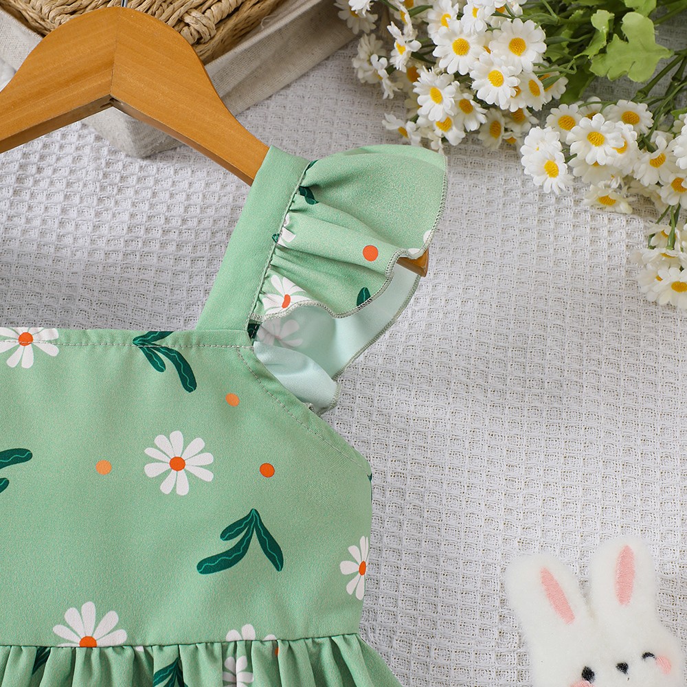 Girls' summer style small fly sleeve plant print dress 4