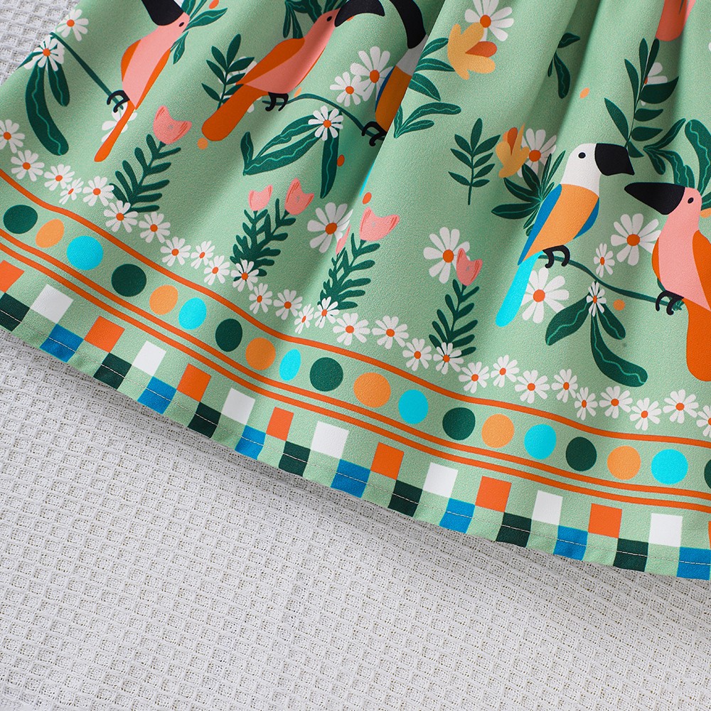 Girls' summer style small fly sleeve plant print dress 5
