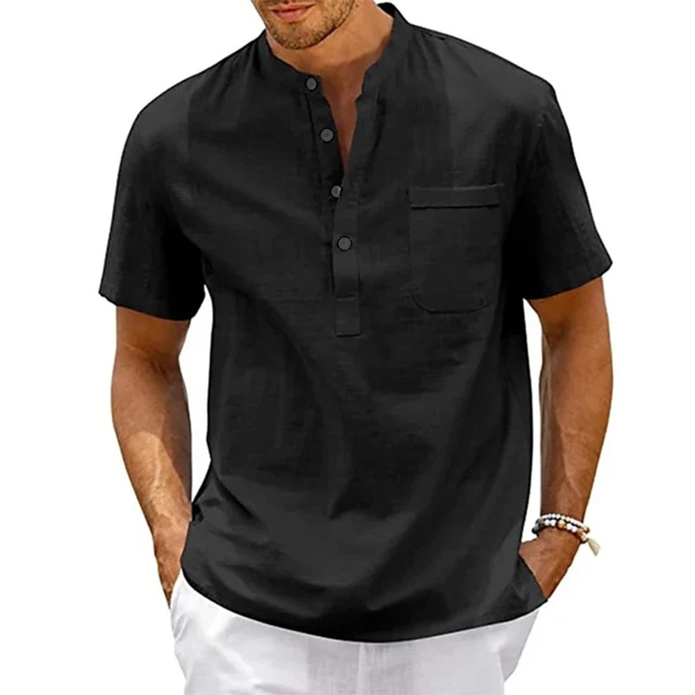 Cotton Linen Shirt Men Henley Neck Pocket Casual Beach Short 2
