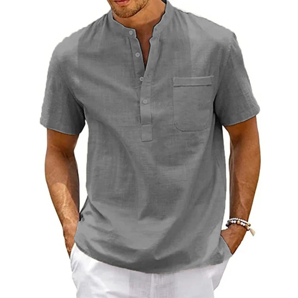 Cotton Linen Shirt Men Henley Neck Pocket Casual Beach Short 3