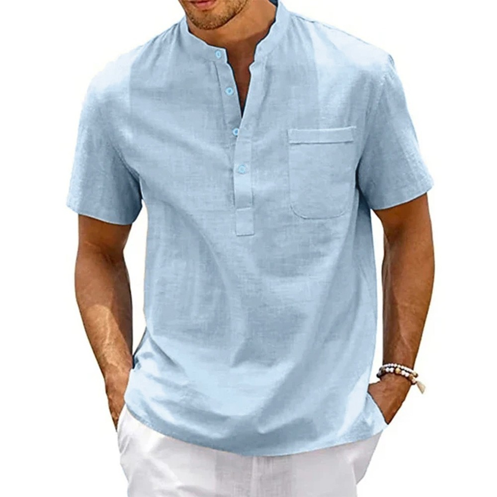 Cotton Linen Shirt Men Henley Neck Pocket Casual Beach Short 4