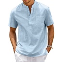 Cotton Linen Shirt Men Henley Neck Pocket Casual Beach Short 4