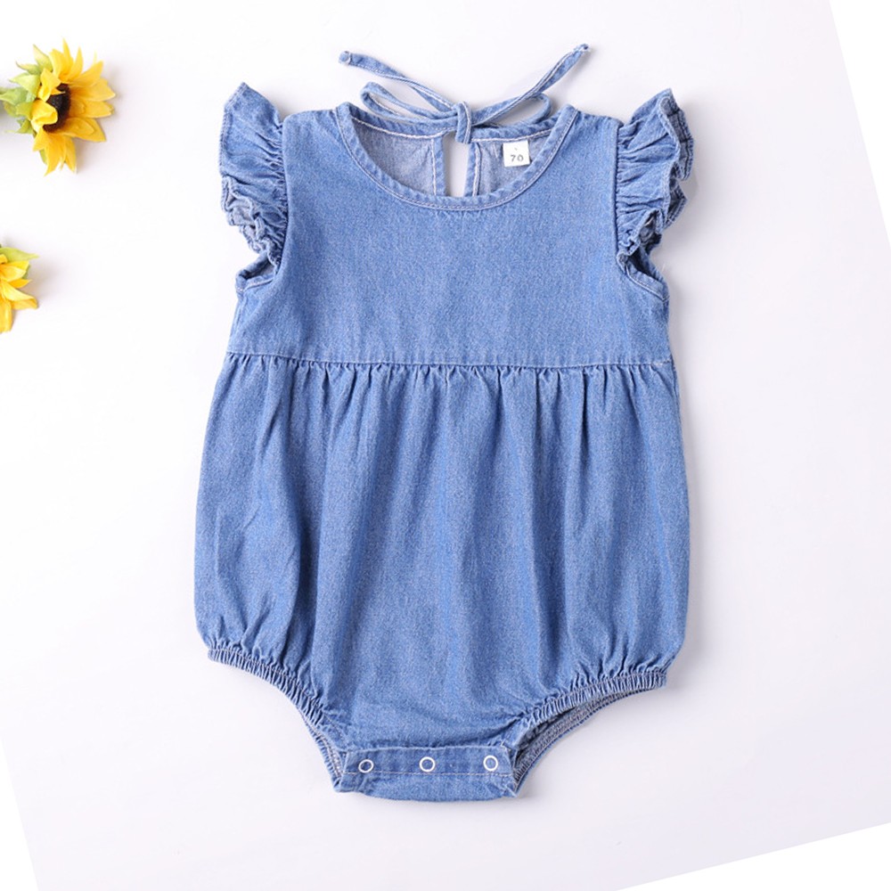 Baby Girls Rompers Toddler Ruffles Romper Cotton Denim Fly Sleeveless (6-12 Months)