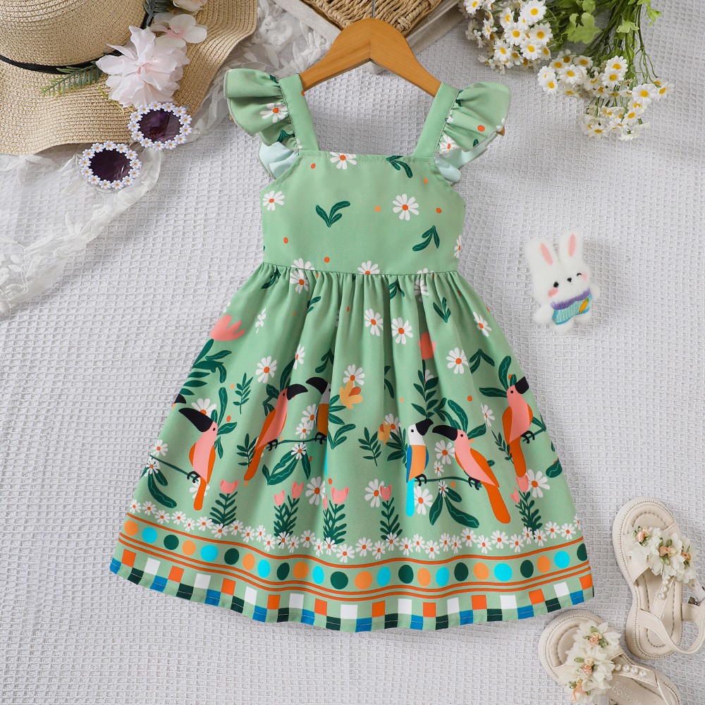 Girls' summer style small fly sleeve plant print dress